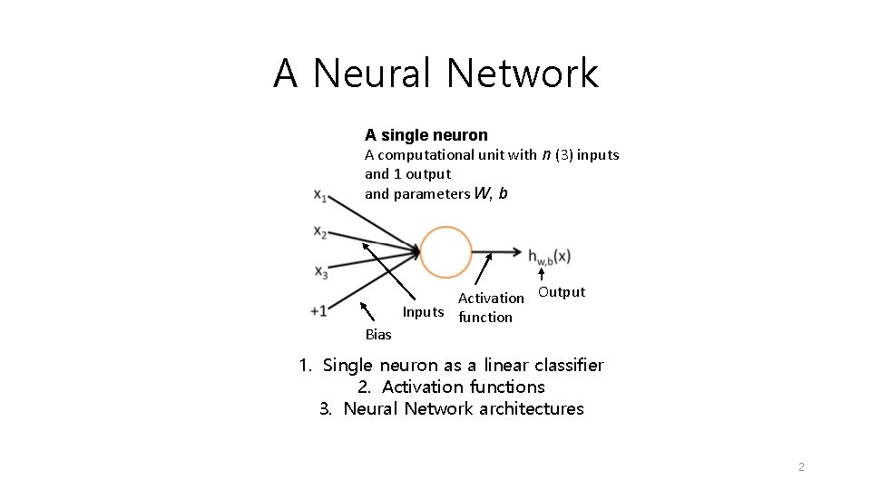 A Neural Network A single neuron A computational unit with n (3) inputs and