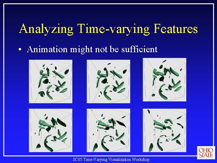 Analyzing Time-varying Features • Animation might not be sufficient SC 05 Time-Varying Visualization Workshop