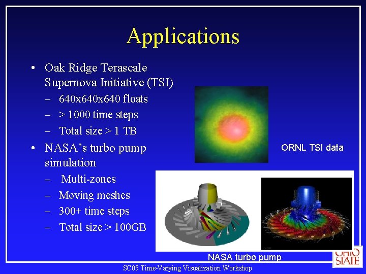 Applications • Oak Ridge Terascale Supernova Initiative (TSI) – 640 x 640 floats –