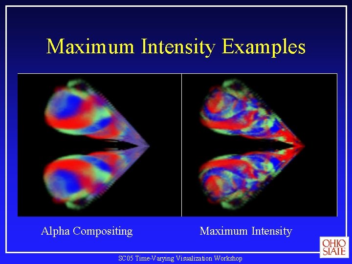 Maximum Intensity Examples Alpha Compositing Maximum Intensity SC 05 Time-Varying Visualization Workshop 