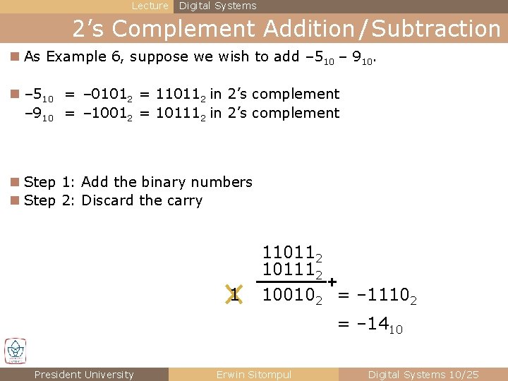Lecture Digital Systems 2’s Complement Addition / Subtraction n As Example 6, suppose we