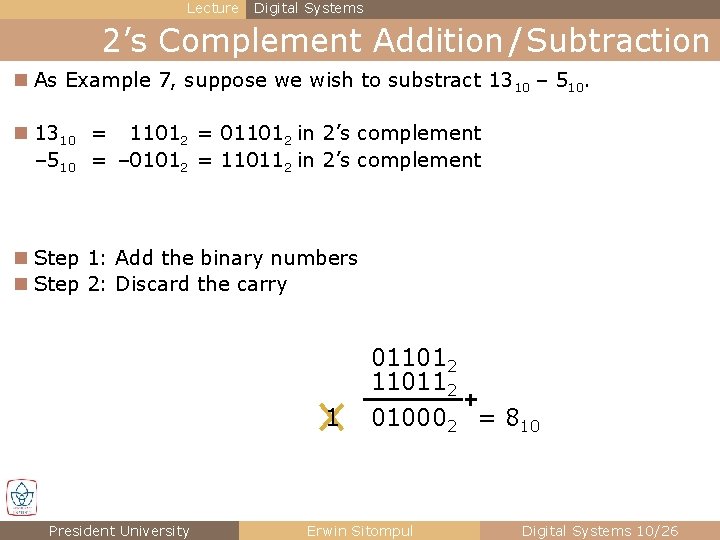 Lecture Digital Systems 2’s Complement Addition / Subtraction n As Example 7, suppose we