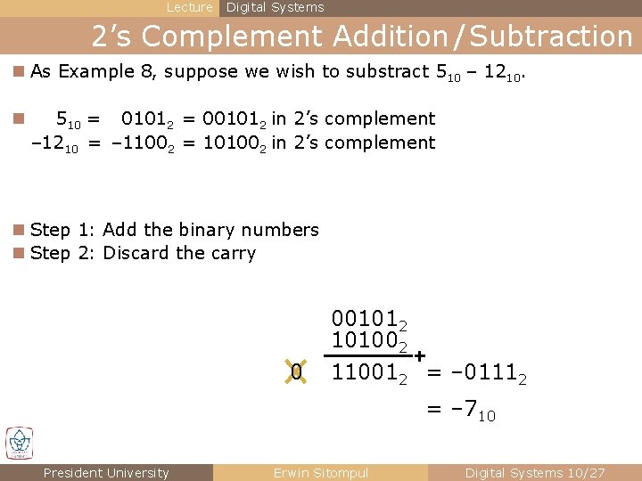 Lecture Digital Systems 2’s Complement Addition / Subtraction n As Example 8, suppose we