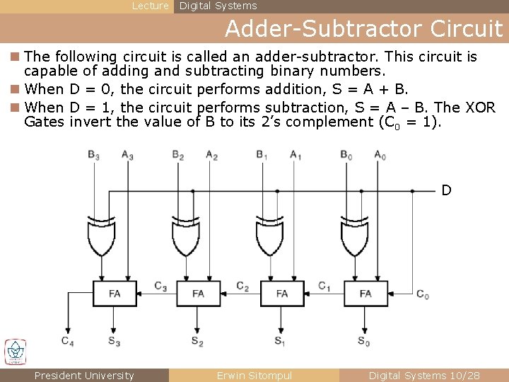 Lecture Digital Systems Adder-Subtractor Circuit n The following circuit is called an adder-subtractor. This