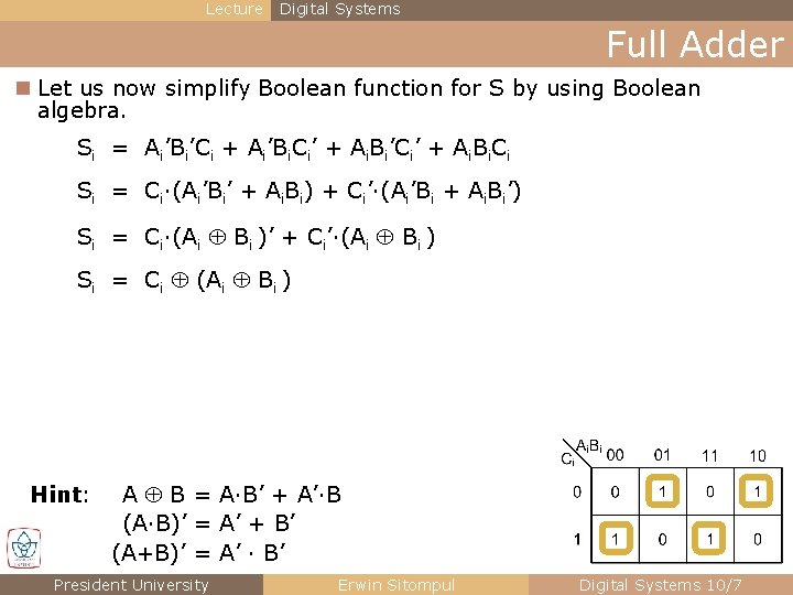 Lecture Digital Systems Full Adder n Let us now simplify Boolean function for S