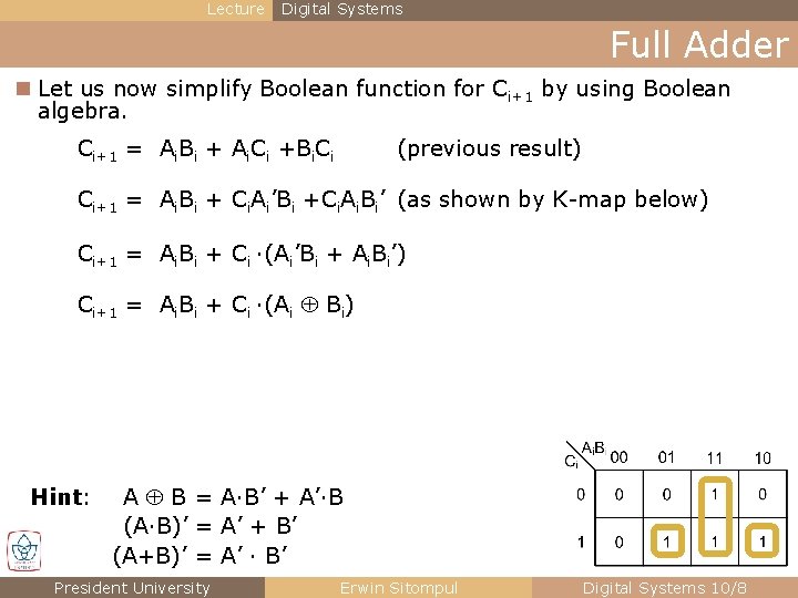 Lecture Digital Systems Full Adder n Let us now simplify Boolean function for Ci+1