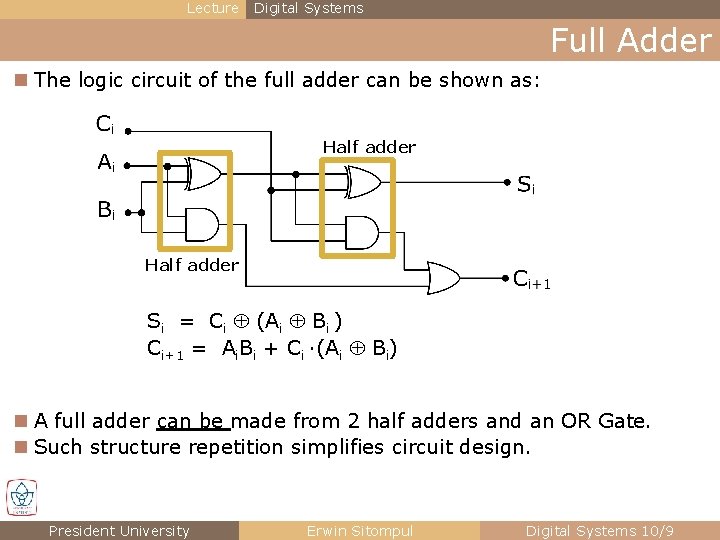 Lecture Digital Systems Full Adder n The logic circuit of the full adder can