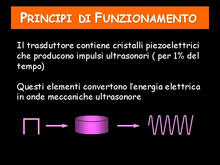 PRINCIPI DI FUNZIONAMENTO Il trasduttore contiene cristalli piezoelettrici che producono impulsi ultrasonori ( per