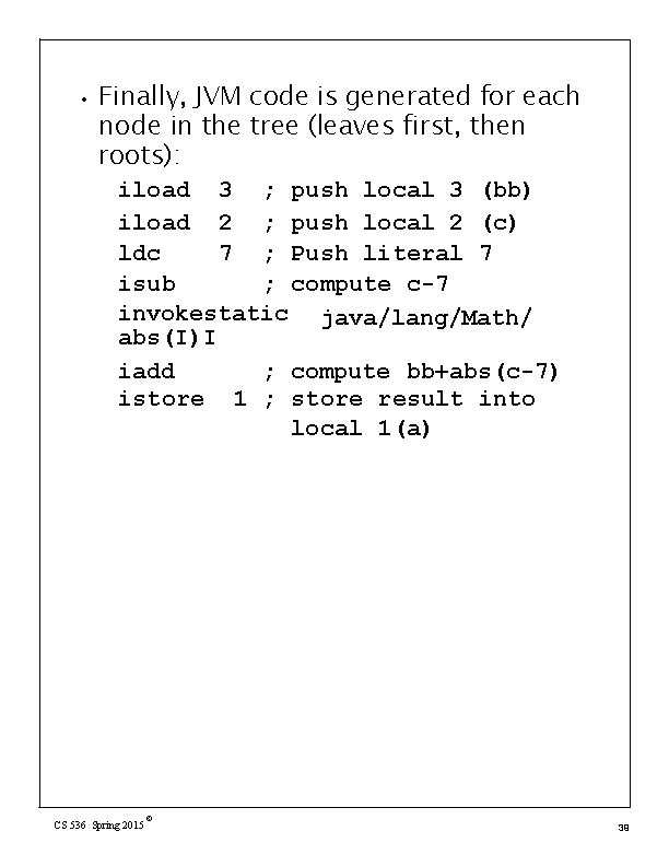  • Finally, JVM code is generated for each node in the tree (leaves