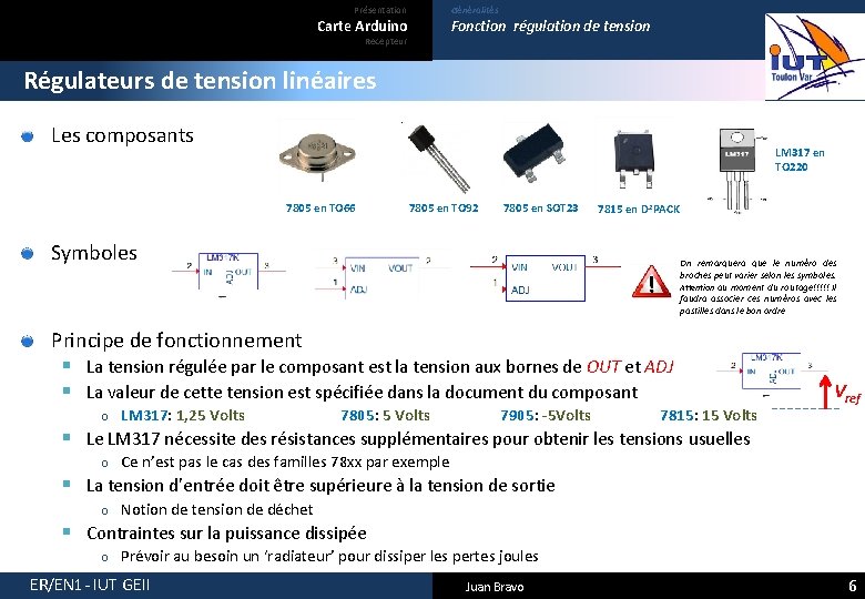 Présentation Généralités Carte Arduino Fonction régulation de tension Recepteur Régulateurs de tension linéaires Les