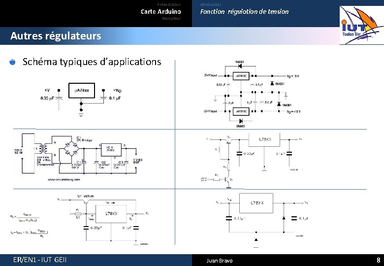 Présentation Carte Arduino Recepteur Généralités Fonction régulation de tension Autres régulateurs Schéma typiques d’applications