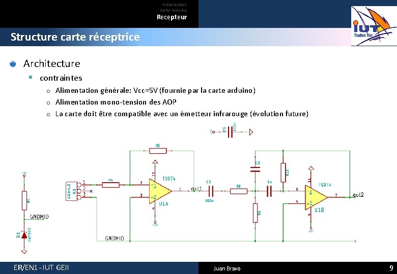 Présentation Carte Arduino Recepteur Structure carte réceptrice Architecture § contraintes Alimentation générale: Vcc=5 V