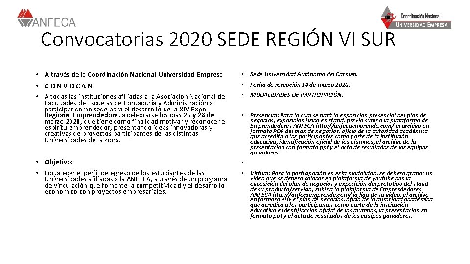 Convocatorias 2020 SEDE REGIÓN VI SUR • A través de la Coordinación Nacional Universidad-Empresa