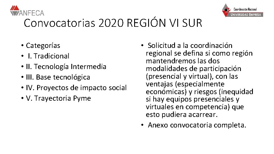 Convocatorias 2020 REGIÓN VI SUR • Categorías • I. Tradicional • II. Tecnología Intermedia