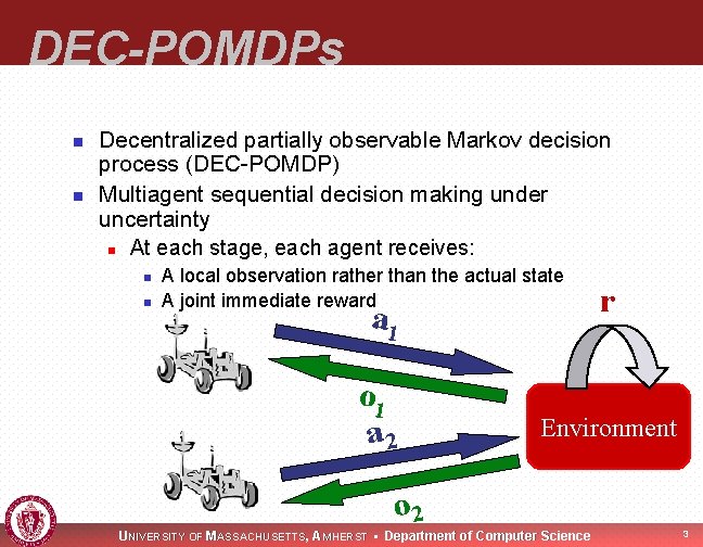 DEC-POMDPs n n Decentralized partially observable Markov decision process (DEC-POMDP) Multiagent sequential decision making