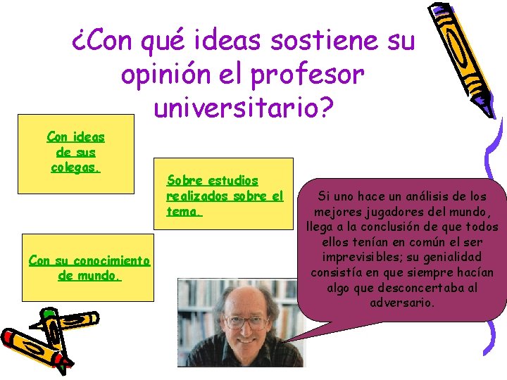 ¿Con qué ideas sostiene su opinión el profesor universitario? Con ideas de sus colegas.