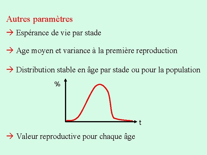 Autres paramètres Espérance de vie par stade Age moyen et variance à la première