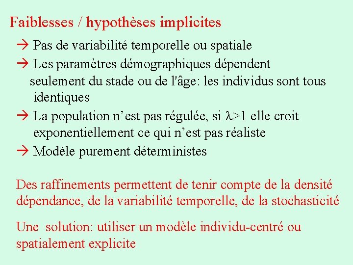 Faiblesses / hypothèses implicites Pas de variabilité temporelle ou spatiale Les paramètres démographiques dépendent