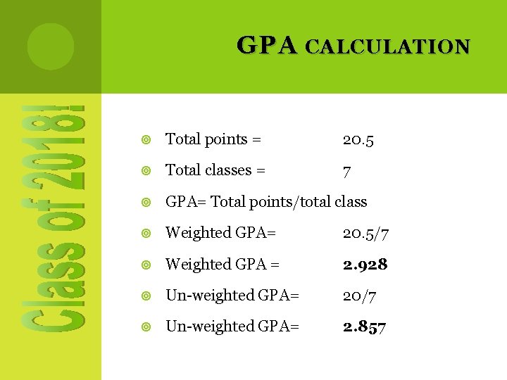 GPA CALCULATION Total points = 20. 5 Total classes = 7 GPA= Total points/total