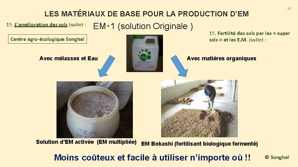LES MATÉRIAUX DE BASE POUR LA PRODUCTION D’EM 15. L’amélioration des sols (suite) :