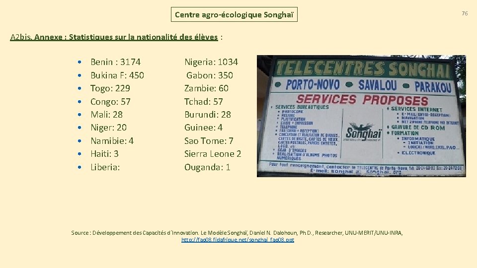 Centre agro-écologique Songhaï A 2 bis. Annexe : Statistiques sur la nationalité des élèves