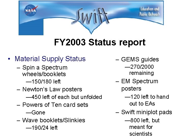 FY 2003 Status report • Material Supply Status – Spin a Spectrum wheels/booklets —