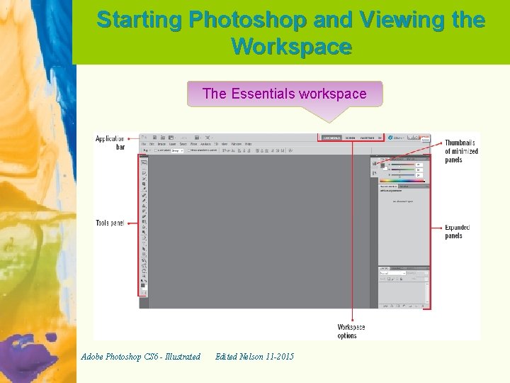 Starting Photoshop and Viewing the Workspace The Essentials workspace Adobe Photoshop CS 6 -