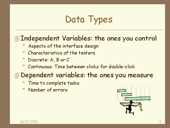 Data Types 4 Independent Variables: the ones you control * * Aspects of the