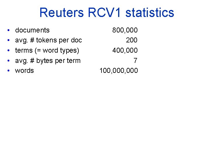 Reuters RCV 1 statistics • • • documents avg. # tokens per doc terms
