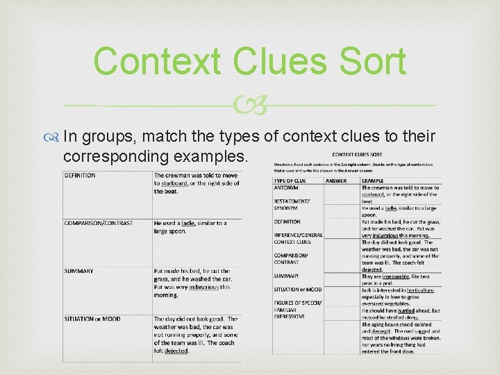 Context Clues Sort In groups, match the types of context clues to their corresponding Context Clues Sort In groups, match the types of context clues to their corresponding
