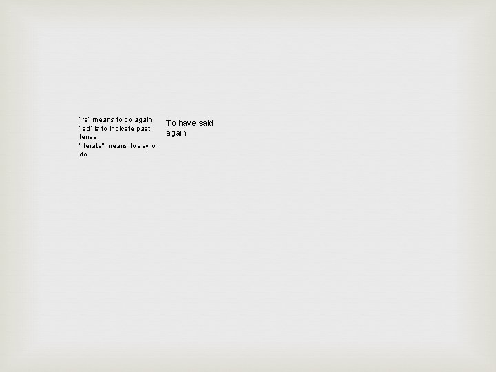 “re” means to do again “ed” is to indicate past tense “iterate” means to “re” means to do again “ed” is to indicate past tense “iterate” means to