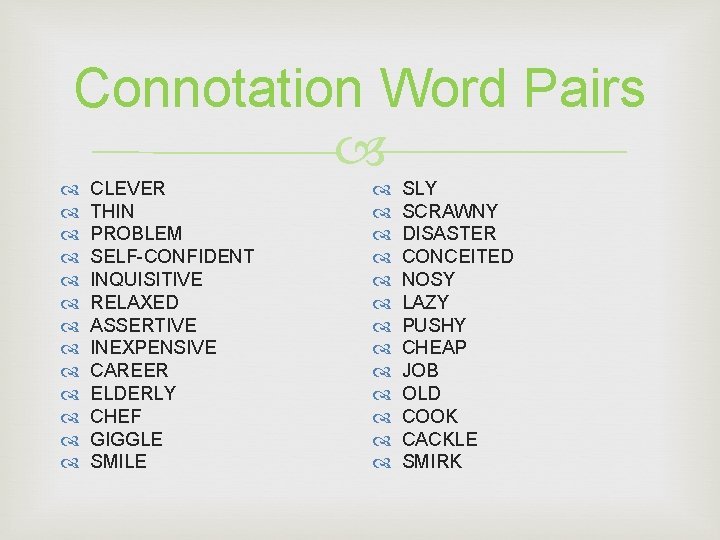 Connotation Word Pairs CLEVER THIN PROBLEM SELF-CONFIDENT INQUISITIVE RELAXED ASSERTIVE INEXPENSIVE CAREER ELDERLY CHEF Connotation Word Pairs CLEVER THIN PROBLEM SELF-CONFIDENT INQUISITIVE RELAXED ASSERTIVE INEXPENSIVE CAREER ELDERLY CHEF