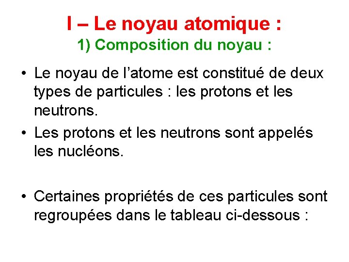 I – Le noyau atomique : 1) Composition du noyau : • Le noyau