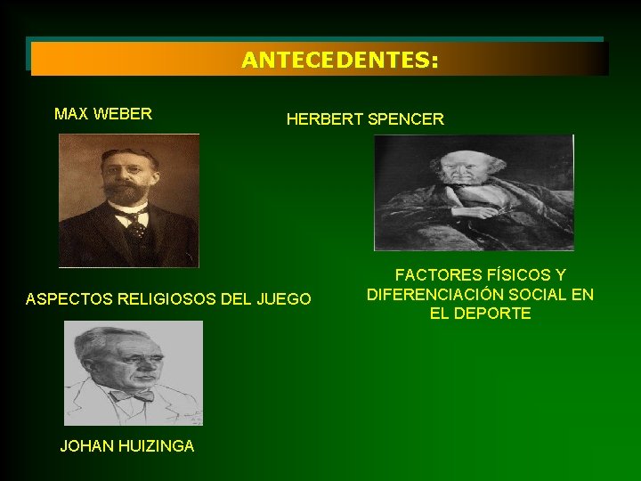 ANTECEDENTES: MAX WEBER HERBERT SPENCER ASPECTOS RELIGIOSOS DEL JUEGO JOHAN HUIZINGA FACTORES FÍSICOS Y