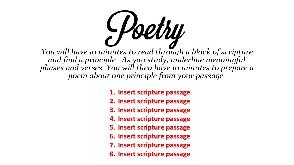 You will have 10 minutes to read through a block of scripture and find