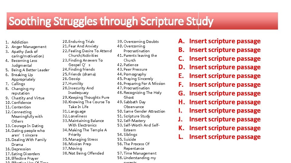 Soothing Struggles through Scripture Study 1. Addiction 2. Anger Management 3. Apathy (lack of