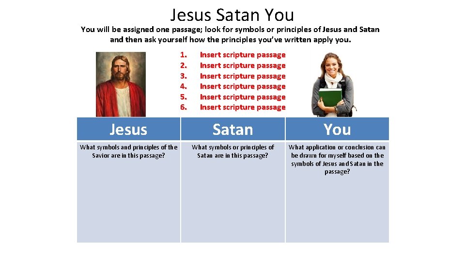 Jesus Satan You will be assigned one passage; look for symbols or principles of
