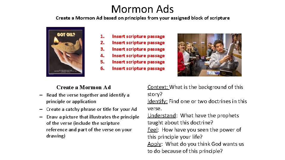 Mormon Ads Create a Mormon Ad based on principles from your assigned block of