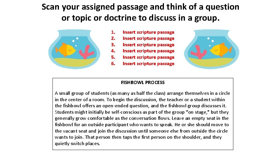 Scan your assigned passage and think of a question or topic or doctrine to