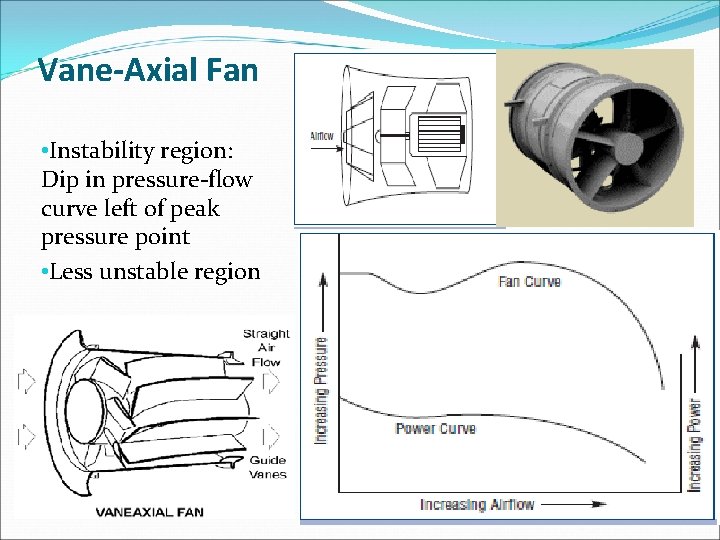 Vane-Axial Fan • Instability region: Dip in pressure-flow curve left of peak pressure point