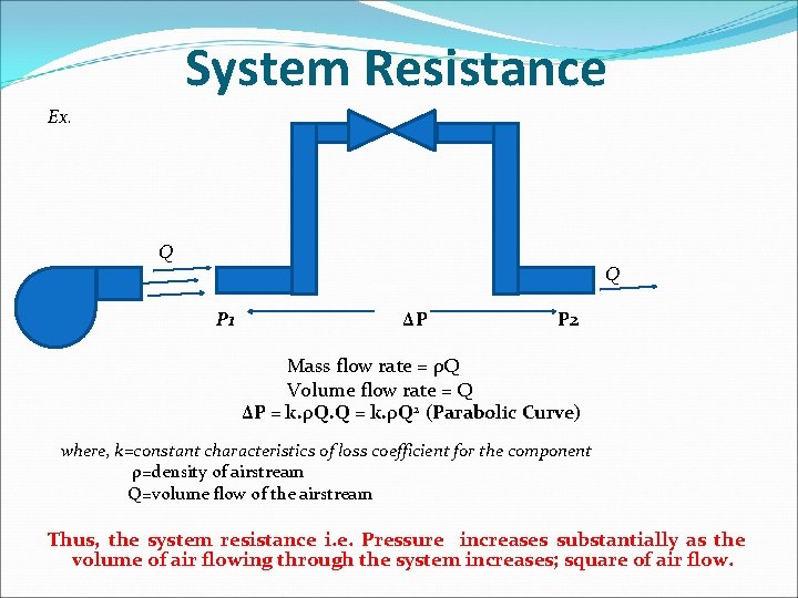 System Resistance Ex. Q P 1 ΔP P 2 Mass flow rate = ρQ