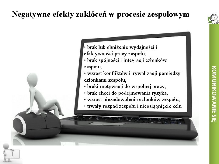 Negatywne efekty zakłóceń w procesie zespołowym I KOMUNIKOWANIE SIĘ • brak lub obniżenie wydajności