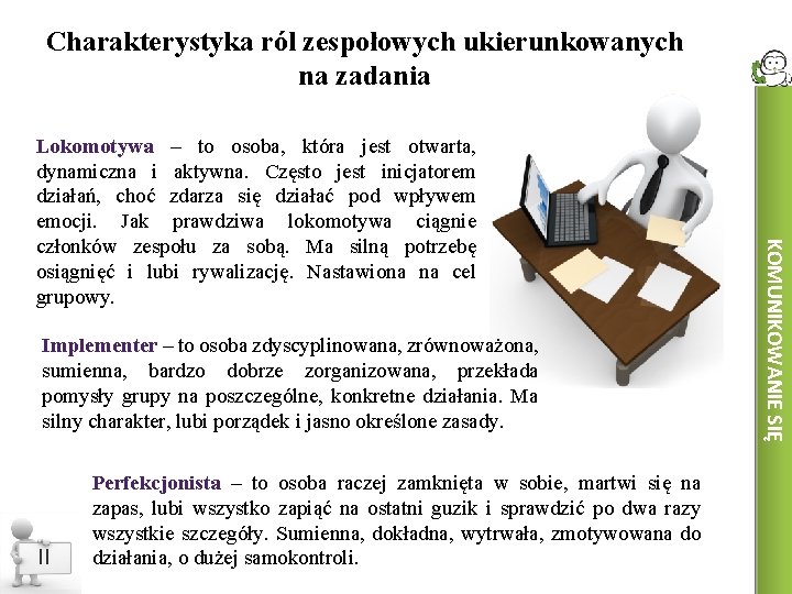 Charakterystyka ról zespołowych ukierunkowanych na zadania Implementer – to osoba zdyscyplinowana, zrównoważona, sumienna, bardzo