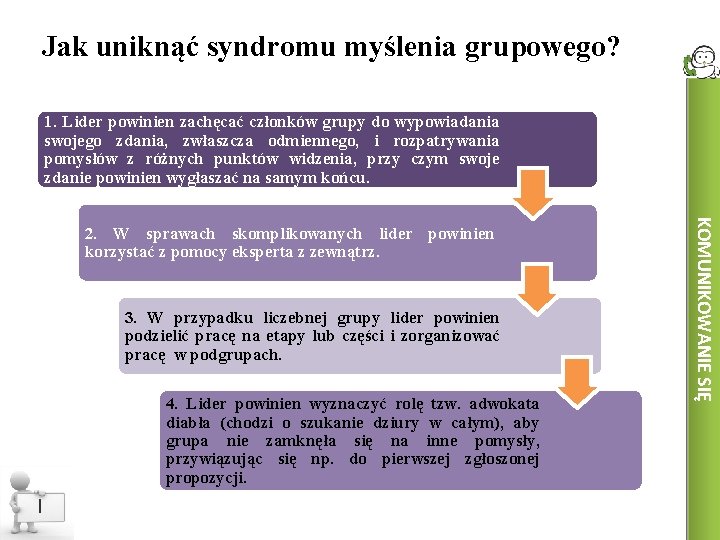 Jak uniknąć syndromu myślenia grupowego? 1. Lider powinien zachęcać członków grupy do wypowiadania swojego