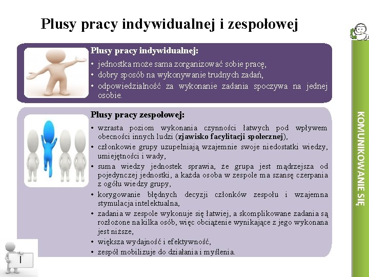 Plusy pracy indywidualnej i zespołowej Plusy pracy indywidualnej: • jednostka może sama zorganizować sobie