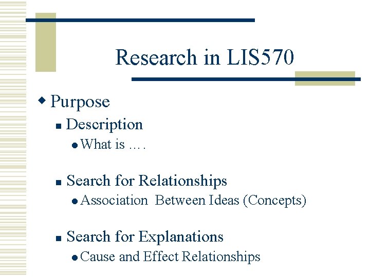 Research in LIS 570 w Purpose n Description l What n is …. Search