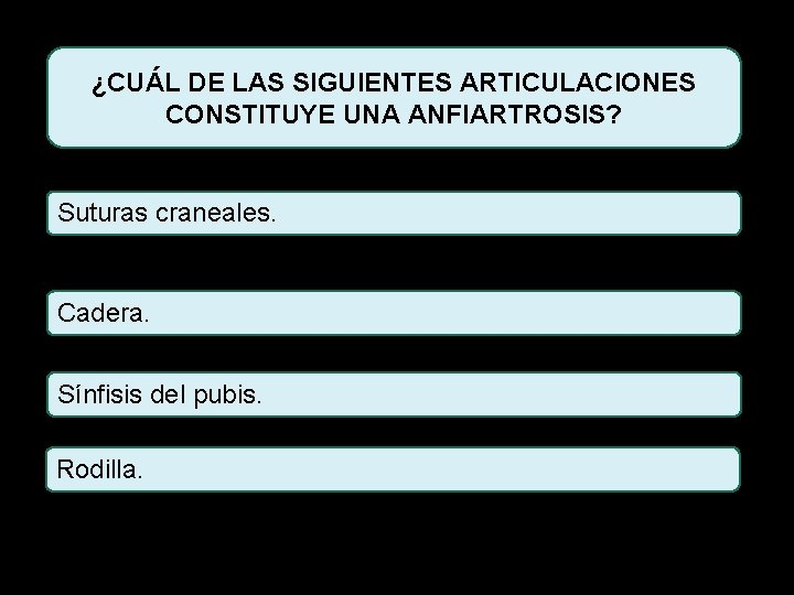 ¿CUÁL DE LAS SIGUIENTES ARTICULACIONES CONSTITUYE UNA ANFIARTROSIS? Suturas craneales. Cadera. Sínfisis del pubis.