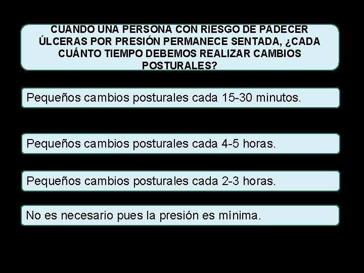 CUANDO UNA PERSONA CON RIESGO DE PADECER ÚLCERAS POR PRESIÓN PERMANECE SENTADA, ¿CADA CUÁNTO