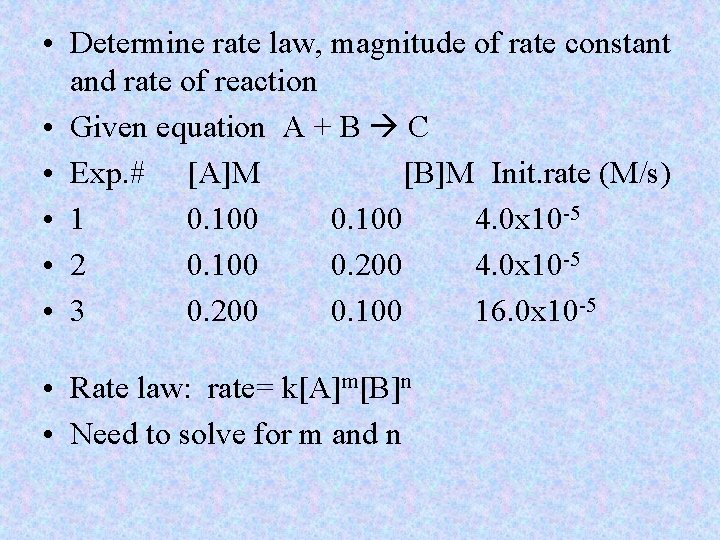  • Determine rate law, magnitude of rate constant and rate of reaction •