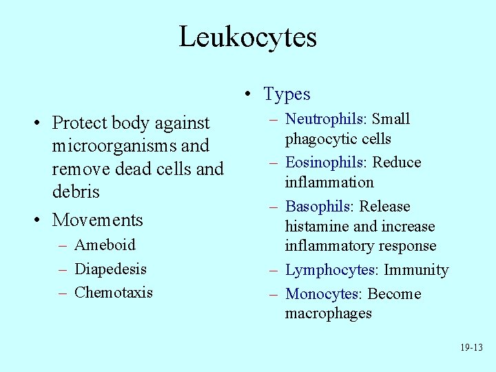 Leukocytes • Types • Protect body against microorganisms and remove dead cells and debris